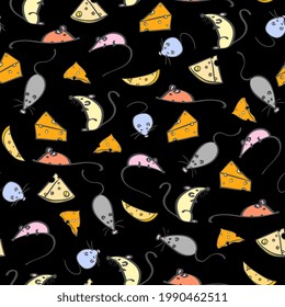 mouse and cheese seamless pattern. Children's hand drawing, doodle style. Background for menus, packaging, baby clothes, fabrics.