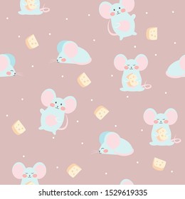 Mouse and cheese. Seamless vector pattern. Cute background for baby, kids, children.