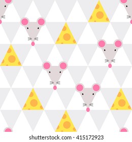 Mouse and cheese. Seamless vector pattern. Cute geometric background for baby, kids, children, ets