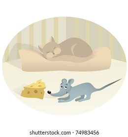 Mouse with cheese and sleeping cat
