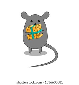 Mouse with cheese. Symbol of the year. Vector illustration.
