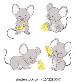 Mouse with cheese vector illustration. Set of cute little mice.