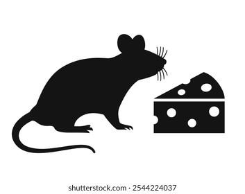 Mouse with cheese vector silhouette icon isolated on white background, simple animal clipart.