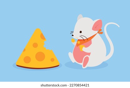 Mouse with cheese. White rodent sits and eats, funny scene. Sticker for social networks and messengers. Domestic animal and pet with food. Cartoon flat vector illustration