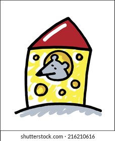 Mouse in the cheese-house.  Vector illustration. Isolated. Scribble.