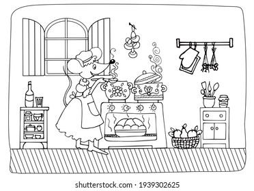 Mouse chef is cooking a meal in her kitchen. Black and white vector for coloring, for card or gift. 