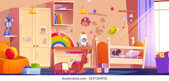 Mouse chewing on bedding in crib in kid room with bright orange armchair, wooden wardrobe, lots of toys scattered on floor, colorful bookshelf. Cheerful space decorated with hanging stars and fishes