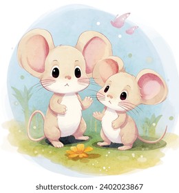 Mouse with its child on the lawn