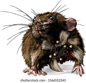 mouse with Christmas bow on neck stands tall and looks forward, sketch vector graphics color illustration on white background