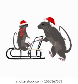 Mouse in a Christmas hat on a sleigh