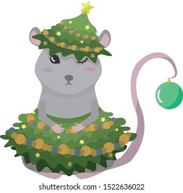 A mouse in a Christmas tree costume for the new year. Christmas tree decorated with toys.