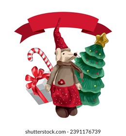 Mouse, Christmas tree, gift, candy cane. Vector illustration for New Year and Christmas events. Greeting cards, invitations, flyers, banners, covers.