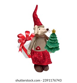 Mouse with a Christmas tree in his hands and a gift. Vector illustration for New Year events. Greeting cards, invitations, banners, covers, flyers.