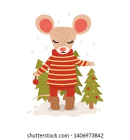 Mouse with christmas trees. Christmas and New Year character isolated on a white background. Postcard. Vector illustration in the style of hand-drawn flat