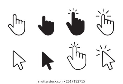 Mouse click cursor collection.Cursor pointer clicking symbol collection. Press, touch and tap with finger sign. Vector illustration eps 10