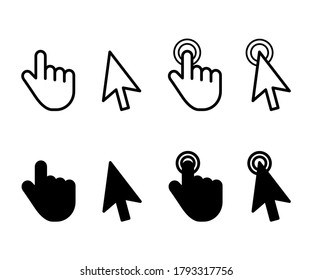 Mausklick-Mauszeiger-Symbol in schwarz-solider Farbe und Linien-Arbeitsvektorgrafik für Infografik, Webseitenpfeile und Fingergrafik