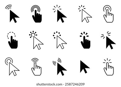 Mouse click cursor icon set, Cursor, click icons set. Click set vector. arrow and mouse forms, vector illustration.