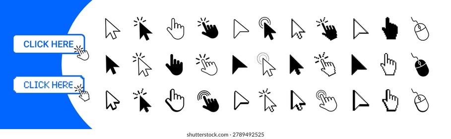 Mouse click cursor icon set. Hand pointer, pixel arrow, click here buttons. Retro 8-bit cursor and computer mouse forms. Vector illustration.