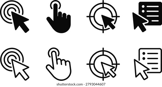 mouse click cursor icon set with black pointer shapes and navigation symbols