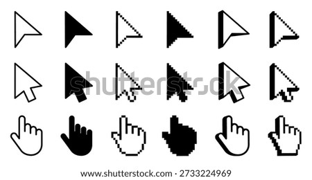 Mouse click cursor icon set. Cursor set in hand and arrow forms. Pixel cursor icon