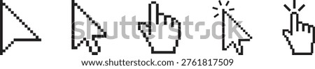 Mouse click cursor icon set. Click symbols and loading indicators. Cursor set in arrow forms. Vector illustration of arrow, hand pointer, click effect, arrow pointer icons for web app interfaces and digital design.