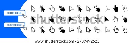 Mouse click cursor icon set. Hand pointer, pixel arrow, click here buttons. Retro 8-bit cursor and computer mouse forms. Vector illustration.