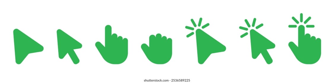 Mouse click cursor and loading icon for interface, computer, mobile app, animation or UI design. Mouse pointer green fill vector illustration on transparent background. Hand pointer symbol with finger