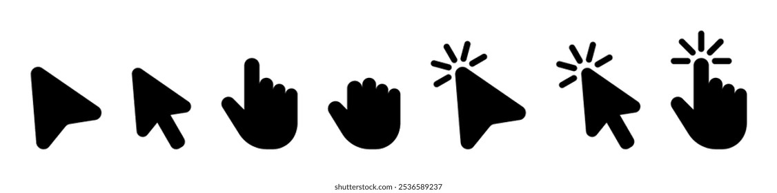 Mouse click cursor and loading icon for interface, computer, mobile app, animation or UI design. Mouse pointer black fill vector illustration on transparent background. Hand pointer symbol with finger