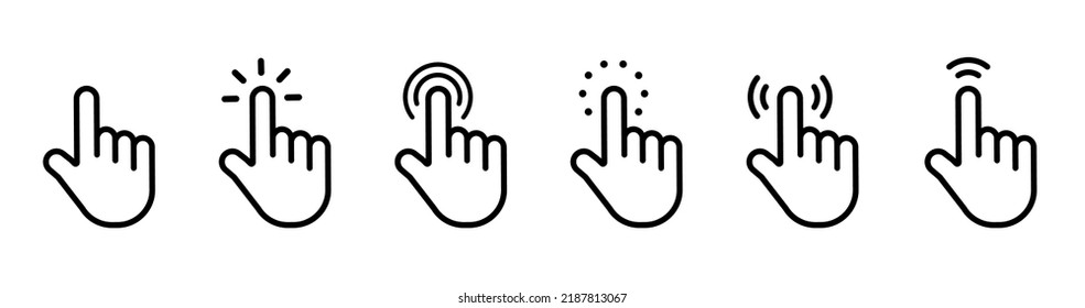 El ratón hace clic en el conjunto de cursor. Cursor de mano. Haga clic en el icono. Conjunto de punteros del ratón. Cursor de flecha. Icono de pulsación. Pulsando el cursor, apuntando con la mano y esperando los iconos de carga. flechas del sitio web o icono de mano.