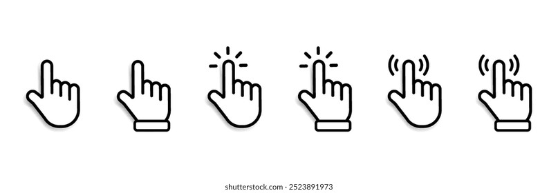 Mouse click cursor set. Hand Cursor. Click icon. Mouse pointer set. Arrow cursor. Pointer click icon. Clicking cursor, pointing hand clicks and waiting loading icons. Website arrows or hand icon.