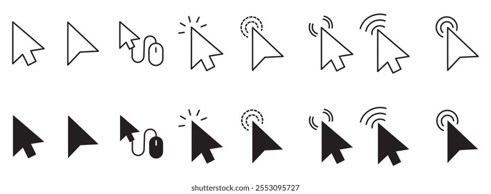 Mouse click cursor set. Click icon. Mouse pointer set. Arrow cursor. Vector illustration.