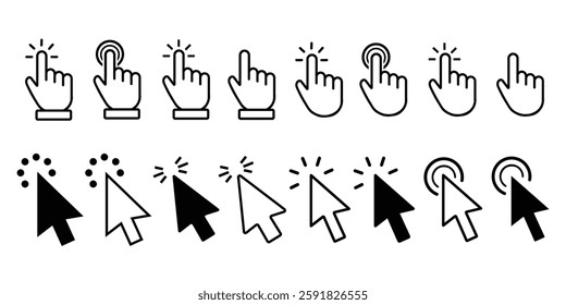 Mouse click cursor set. Click icon. Mouse pointer set. Arrow and hand cursor. Pointer cursor line icons.