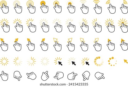 Mouse click cursor vector collection. Pointing hand clicks icons. Loading icons set. Hand gestures and loading icons collection. Computer mouse click cursor arrow icons set.