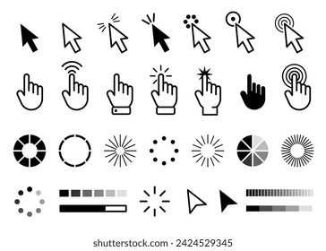 Mouse click cursors and hands for user interface of website or application. Vector flat cartoon isolated icons for UX and UI, pointer and progress bar, loading status and interactive response