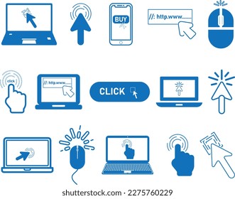 Mouse click icon set, 15 cursor click icon set blue vector