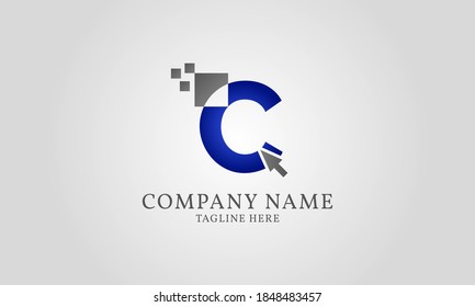 mouse click pixel digital letter C logo template for web or app developer, digital service, computer cell phone and gadget