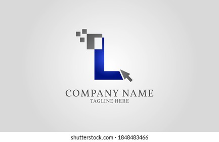 clic con el ratón en la letra digital del píxel L plantilla de logotipo para desarrollador web o de aplicaciones, servicio digital, teléfono móvil de computadora y gadget