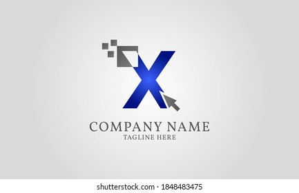 clic en el ratón letra digital de píxel X plantilla de logotipo para desarrollador web o de aplicaciones, servicio digital, teléfono móvil de computadora y gadget
