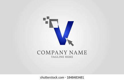 mouse click pixel digital letter V logo template for web or app developer, digital service, computer cell phone and gadget