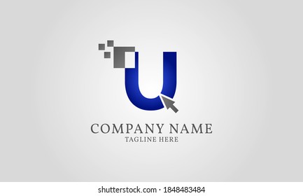 clic con el ratón en la letra digital del píxel Plantilla de logotipo de U para desarrollador de aplicaciones o web, servicio digital, teléfono móvil de computadora y gadget
