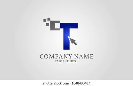 mouse click pixel digital letter T logo template for web or app developer, digital service, computer cell phone and gadget