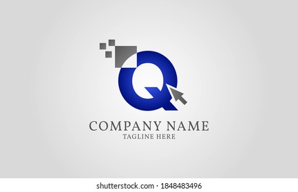 clic con el ratón en píxel letra digital Q logotipo de plantilla para desarrollador web o de aplicaciones, servicio digital, teléfono móvil de computadora y gadget