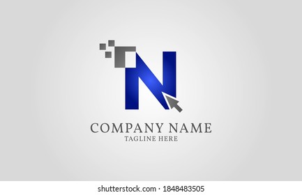 clic con el ratón en la letra digital del píxel N plantilla de logotipo para desarrollador web o de aplicaciones, servicio digital, teléfono móvil de computadora y gadget