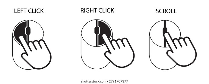 Mouse click vector icon set featuring left click, right click, middle click, and scroll wheel instruction symbols for computer navigation and user interaction. Ideal for software tutorials, user manuals, gaming guides, technical documentation, websites, applications, UI design, and educational content.