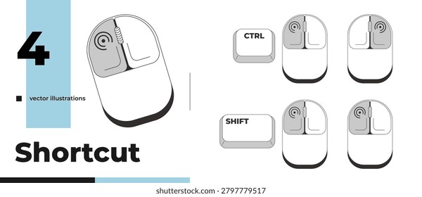 Mouse clicks and grayscale keyboard hotkey pack. Ctrl shift navigation actions. Input device. Minimal shortcut keys collection. Monochrome combination buttons for productivity. Vector illustration