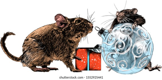 a mouse climbed on a round Christmas tree Christmas toy and a second mouse sits next to it and looks at it next to a gift box, sketch vector graphics color illustration on a white background