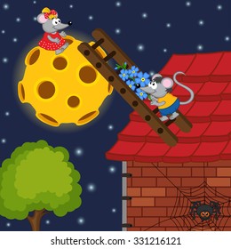 mouse climbs the ladder to the moon - vector illustration, eps