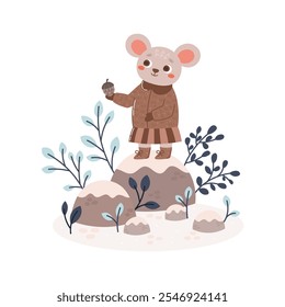 Mouse in coat, boots with winter plants. Winter forest animal character or mascot in cute flat style. Vector composition on transparent background for printing, scrapbooking, social media, animation.