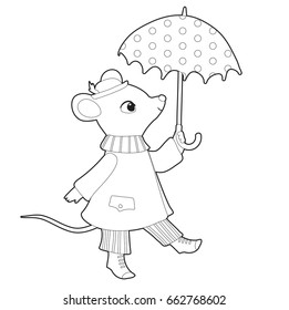 Mouse in coat with umbrella. Coloring book page for children.