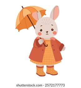 Mouse in coat and wellies with umbrella. Cute spring forest woods woodland character. Vector illustration isolated on transparent background. 